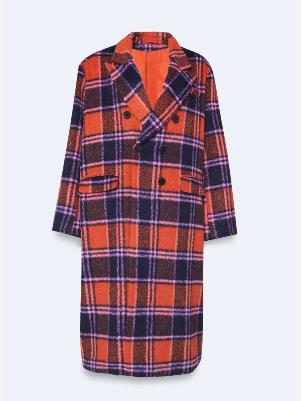 Nasty Gal Orange and Navy Plaid Double-Breasted Pea Coat